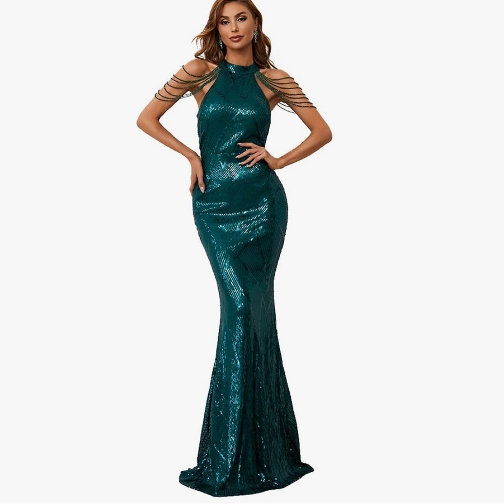 Miss Ord Emerald Green Sequin Beaded Arm Halter Dress Sz XL NWT
